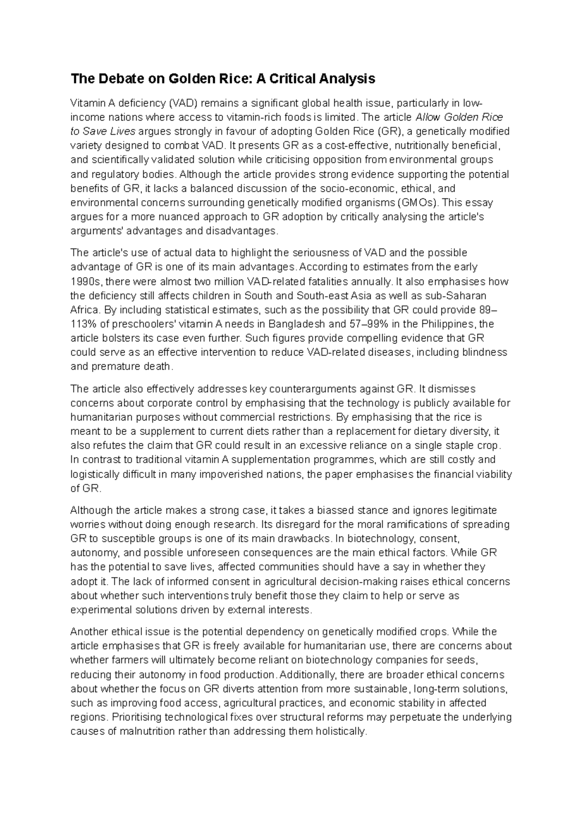 Critical Analysis of Golden Rice: Addressing VAD and Ethical Concerns ...