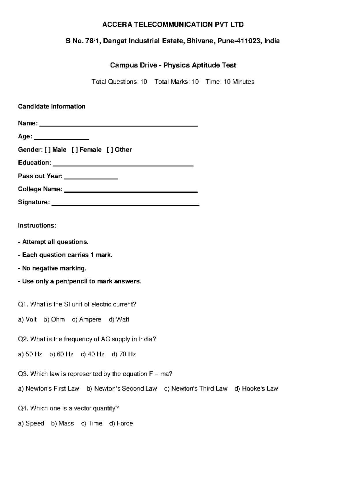 ACCERA Physics Aptitude Test - Total Questions: 10 - Studocu