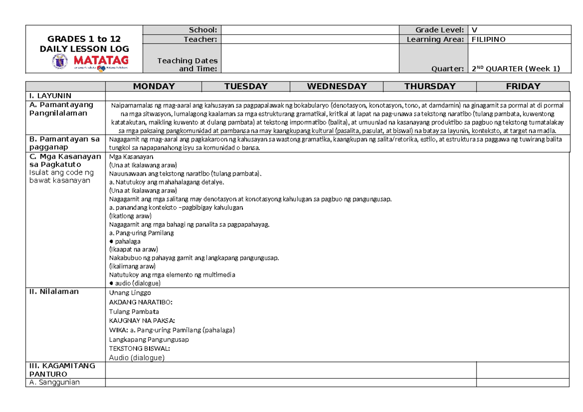 DLL Filipino 5 Q2 W1: Daily Lesson Log for Grade 5 - Studocu