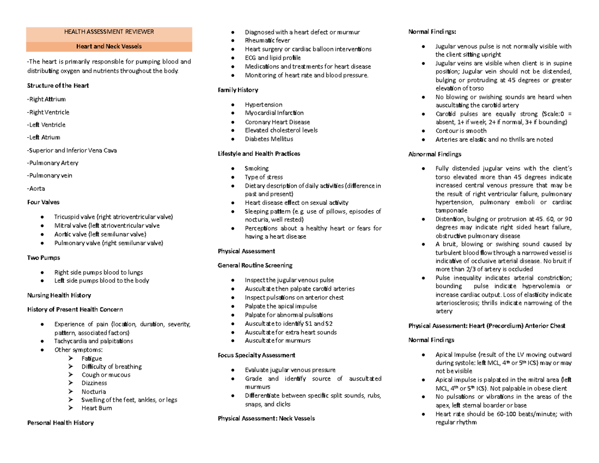 Health Assessment Reviewer: Final Exam Notes for Nursing 101 - Studocu