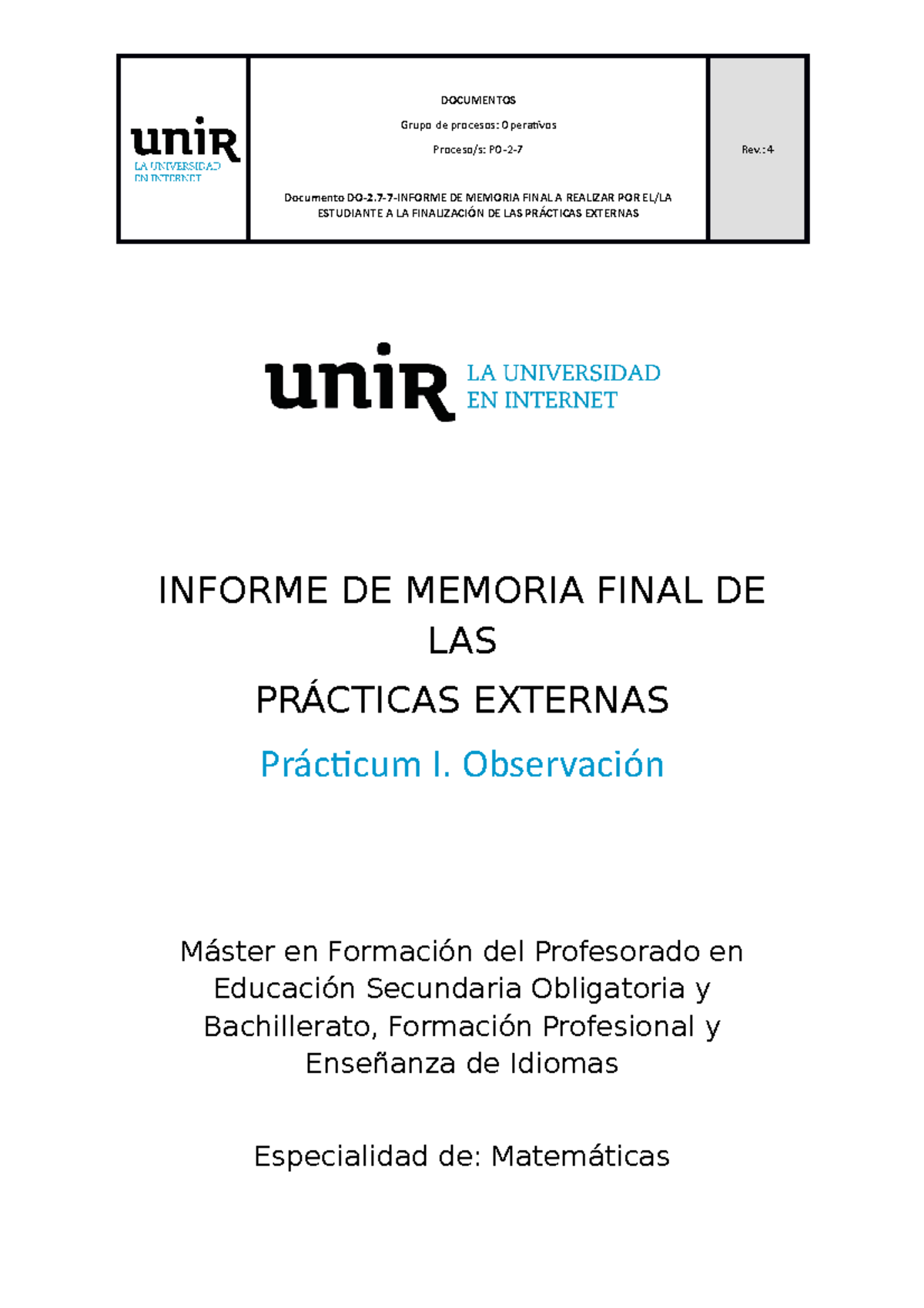 Practicum I - Informe de Memoria Final en Matemáticas - Máster ESO - Document Preview