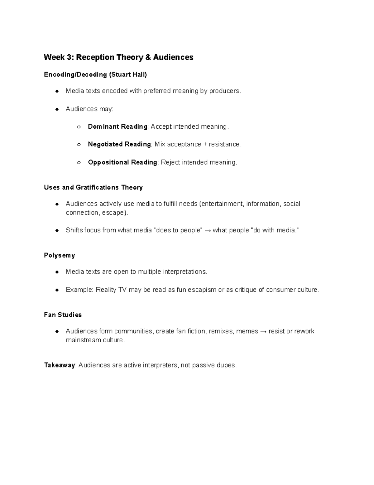 SOC 202 Popular Culture Notes Week 3 - Week 3: Reception Theory ...