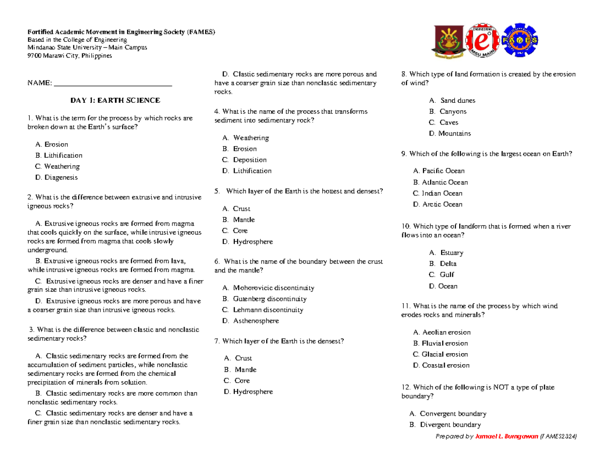 Earth Science Quiz Day 1 (FAMES2324) - Key Concepts and Questions - Studocu