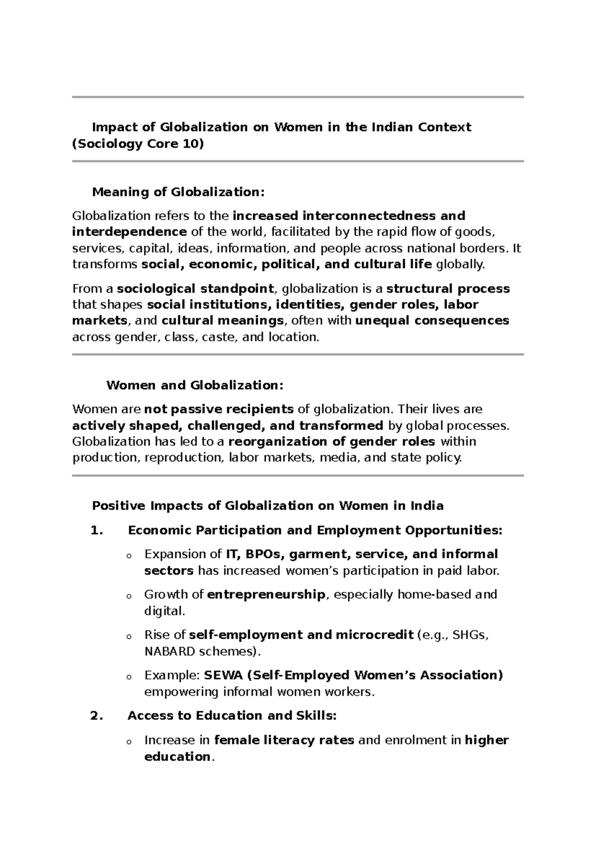 Impact of Globalization on Women in India (Sociology Core 10) - Studocu
