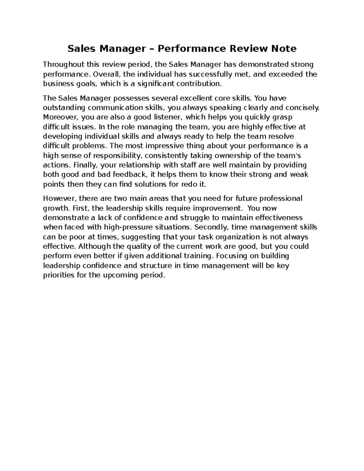 Sales Manager Performance Review - fwegtwet - Studocu