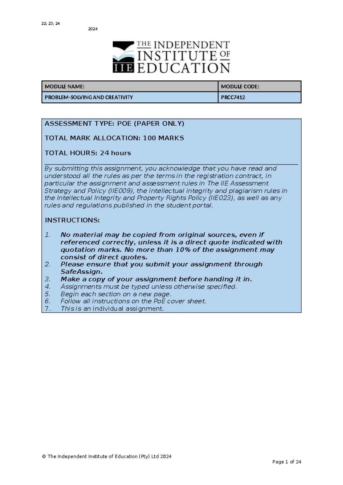 PRCC7412 MO - Problem Solving & Creativity Module Outline 2024 - Studocu