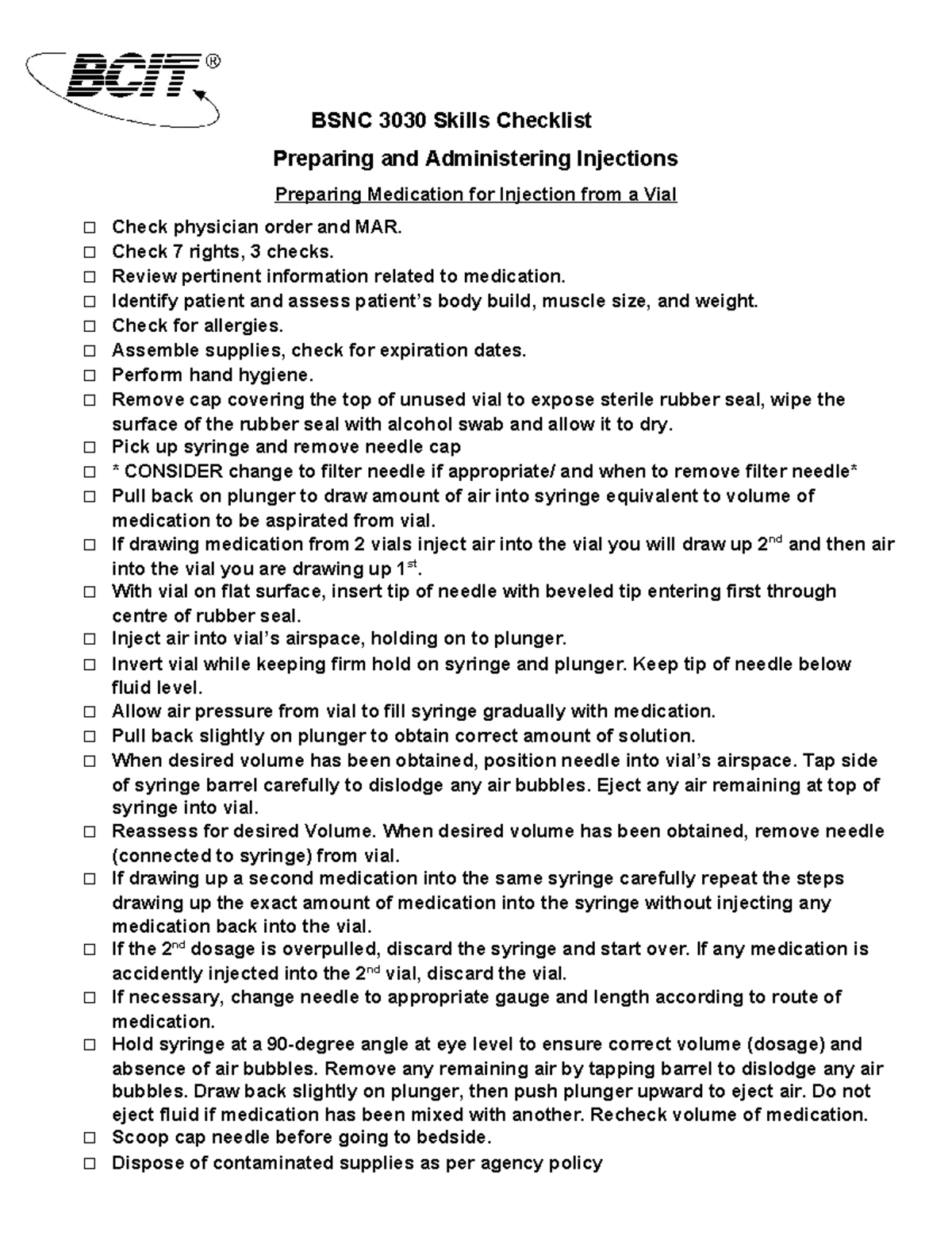 BSNC3030 Checklist BCIT Injection Vial - BSNC 3030 Skills Checklist ...