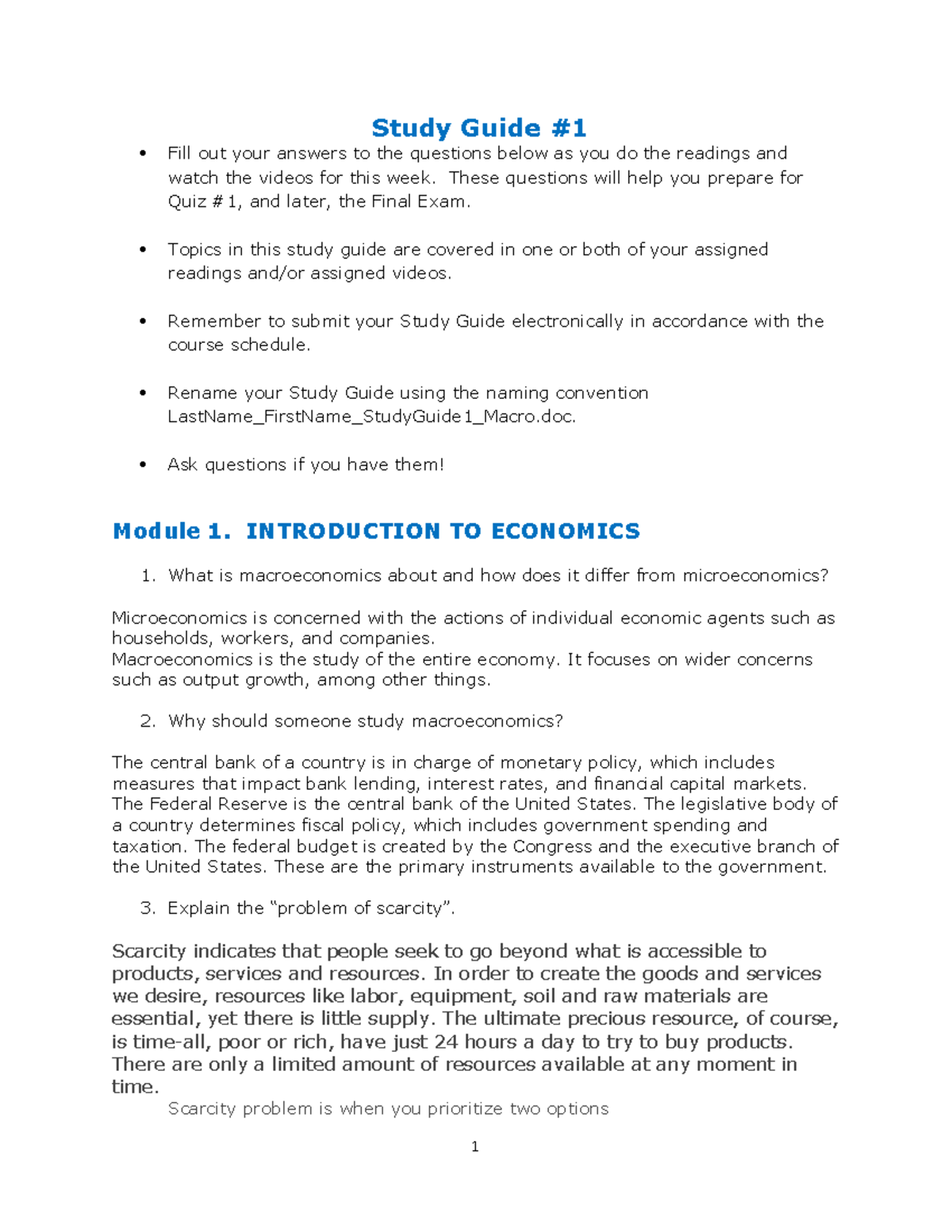 Study Guide 1: Macro Economics for Quiz & Final Exam Prep - Studocu