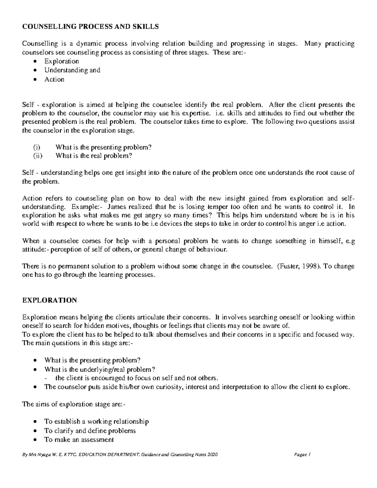 KTTC EDUCATION DEPT: Counselling Process & Skills Overview - Studocu