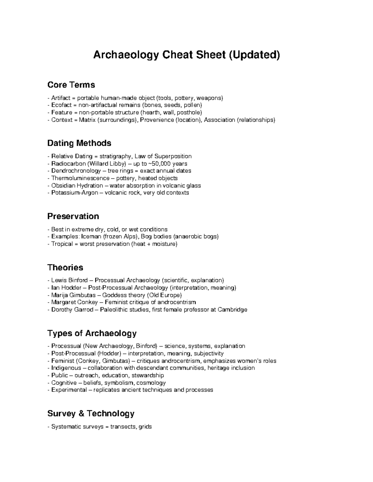 Archaeology Cheat Sheet: Key Terms & Methods (Updated) - Studocu