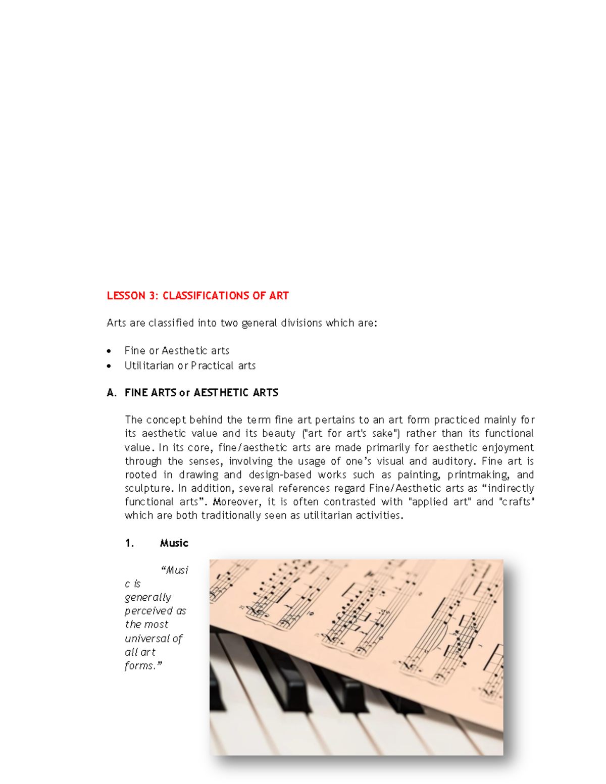 Module 1: Lesson 3 - Understanding the Classifications of Art - Studocu