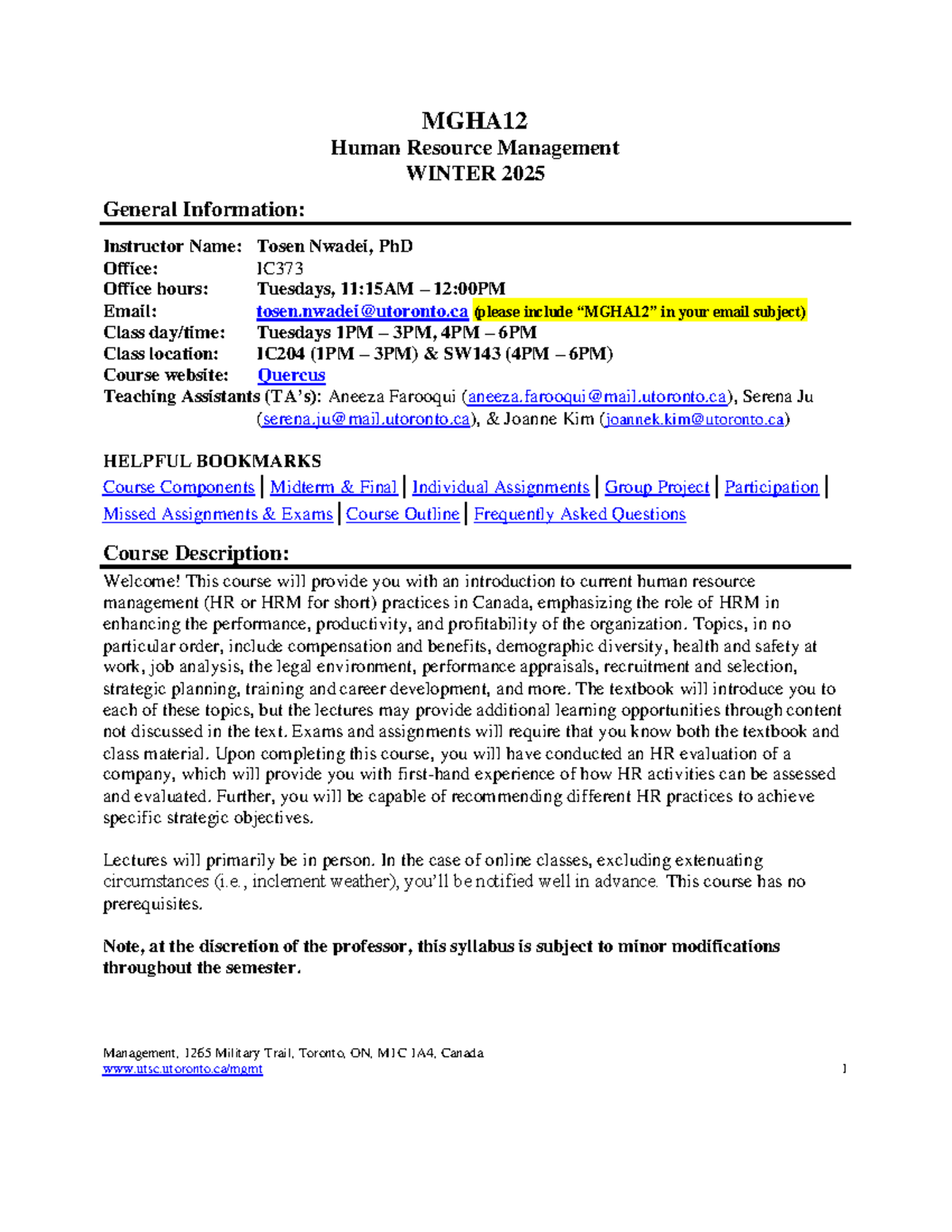 MGHA12 syllabus - Management, 1265 Military Trail, Toronto, ON, M1C 1A4 ...