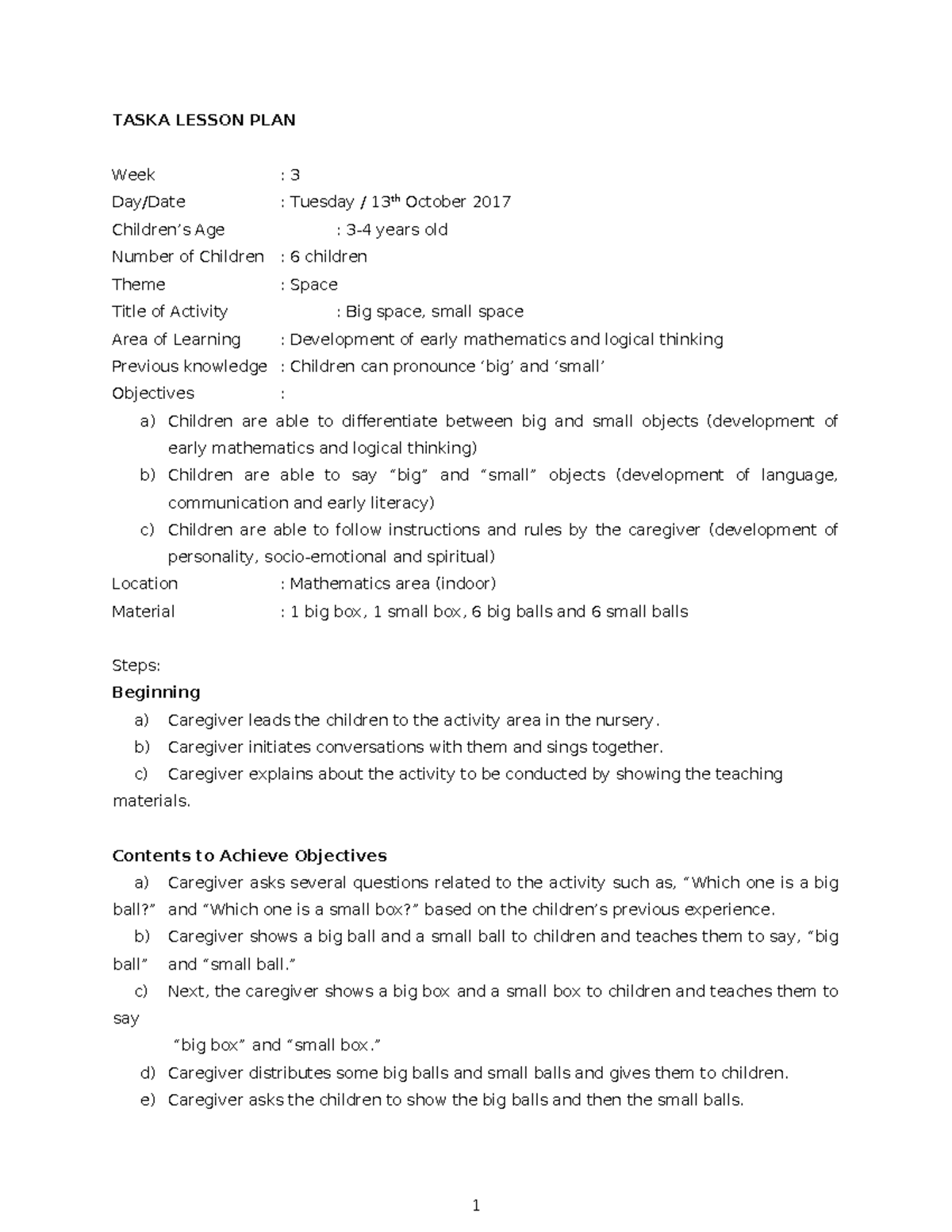 Sample Taska Lesson PLAN 1 - TASKA LESSON PLAN Week : 3 Day/Date ...