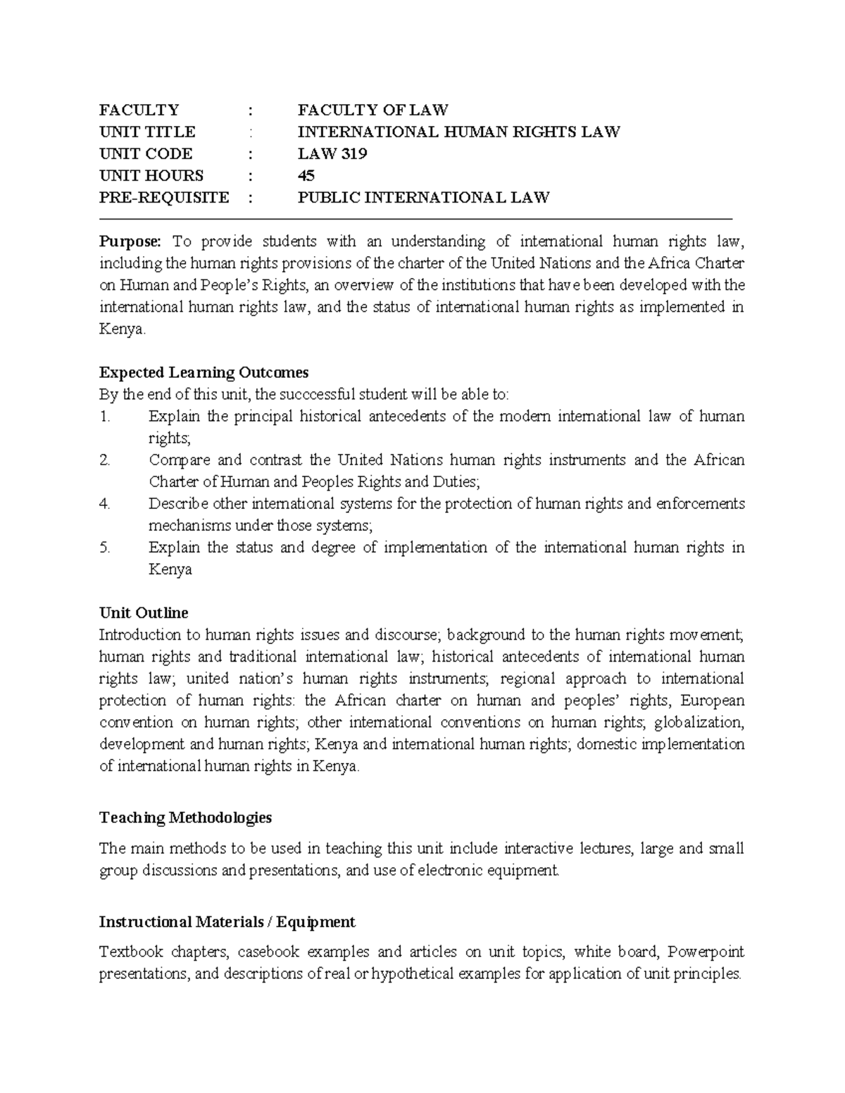 LAW 319 - International Human Rights Law Course Outline and Details ...