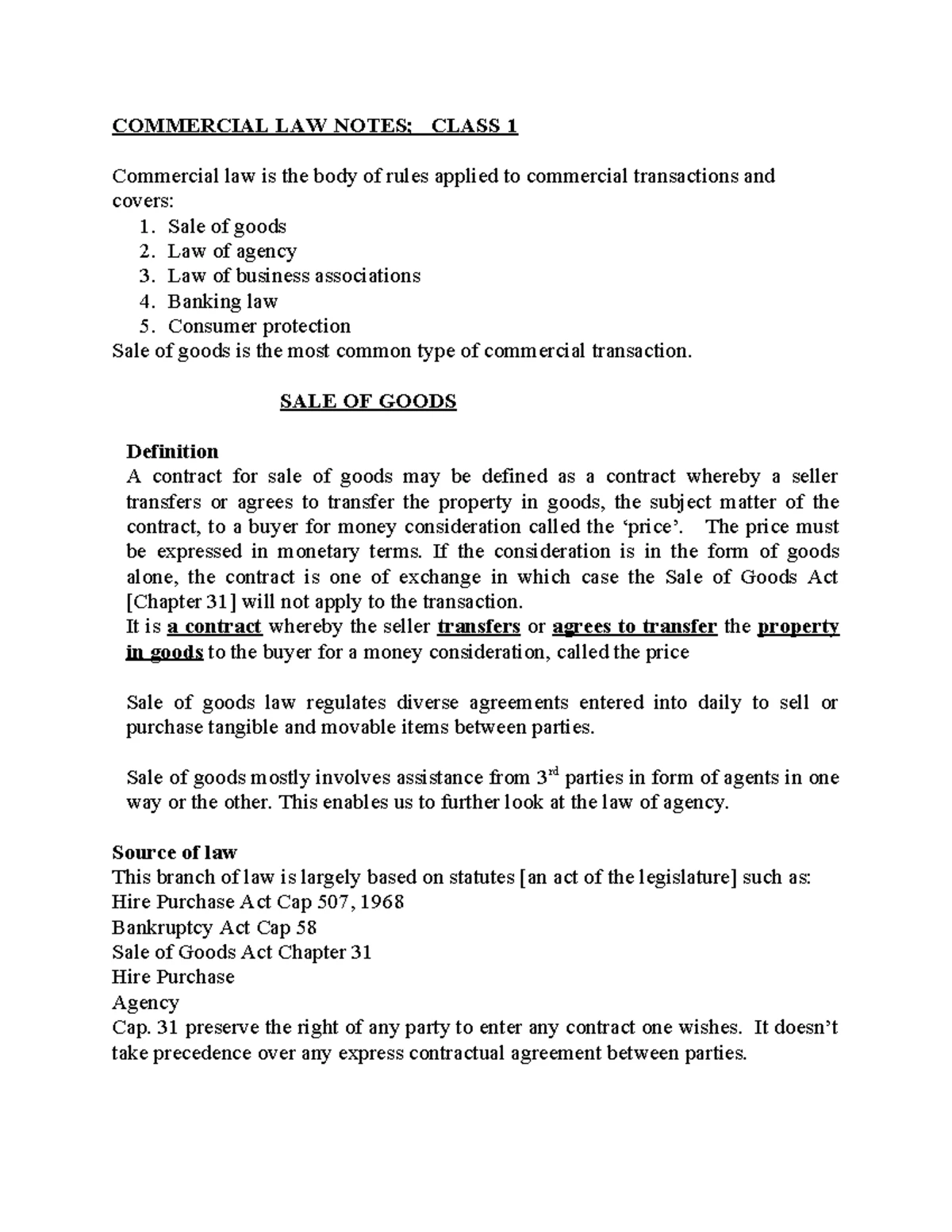 Commercial Law Class 1 Notes - Sale of Goods and Legal Principles - Studocu