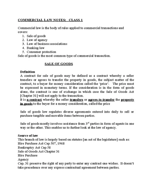 Commercial Law Class 1 Notes - Sale of Goods and Legal Principles - Studocu