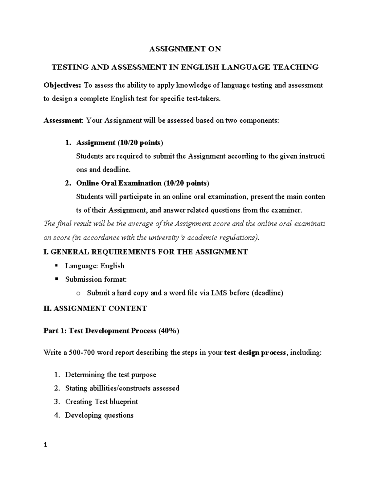 ASSIGNMENT ON TESTING & ASSESSMENT IN ENGLISH LANGUAGE TEACHING - Studocu