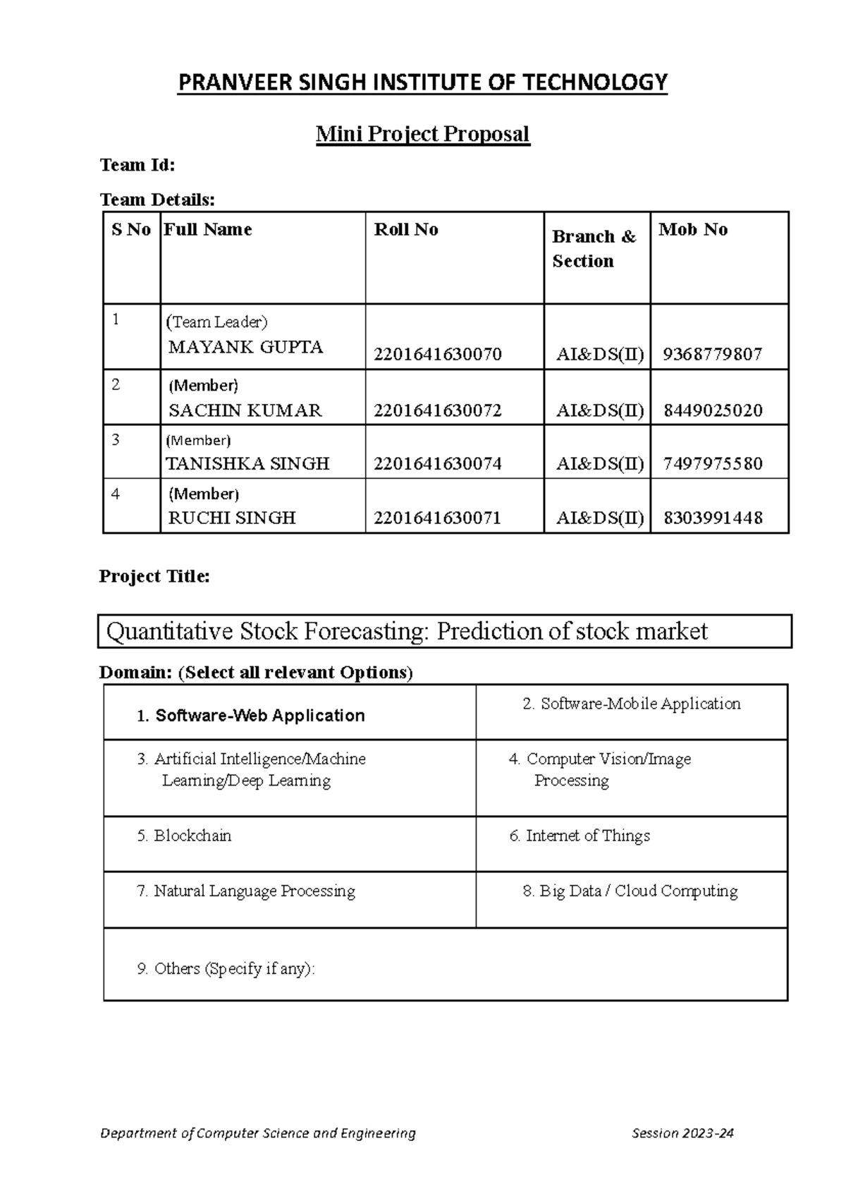 Mini Project Proposal - Mini Project Proposal Team Id: Team Details: S ...
