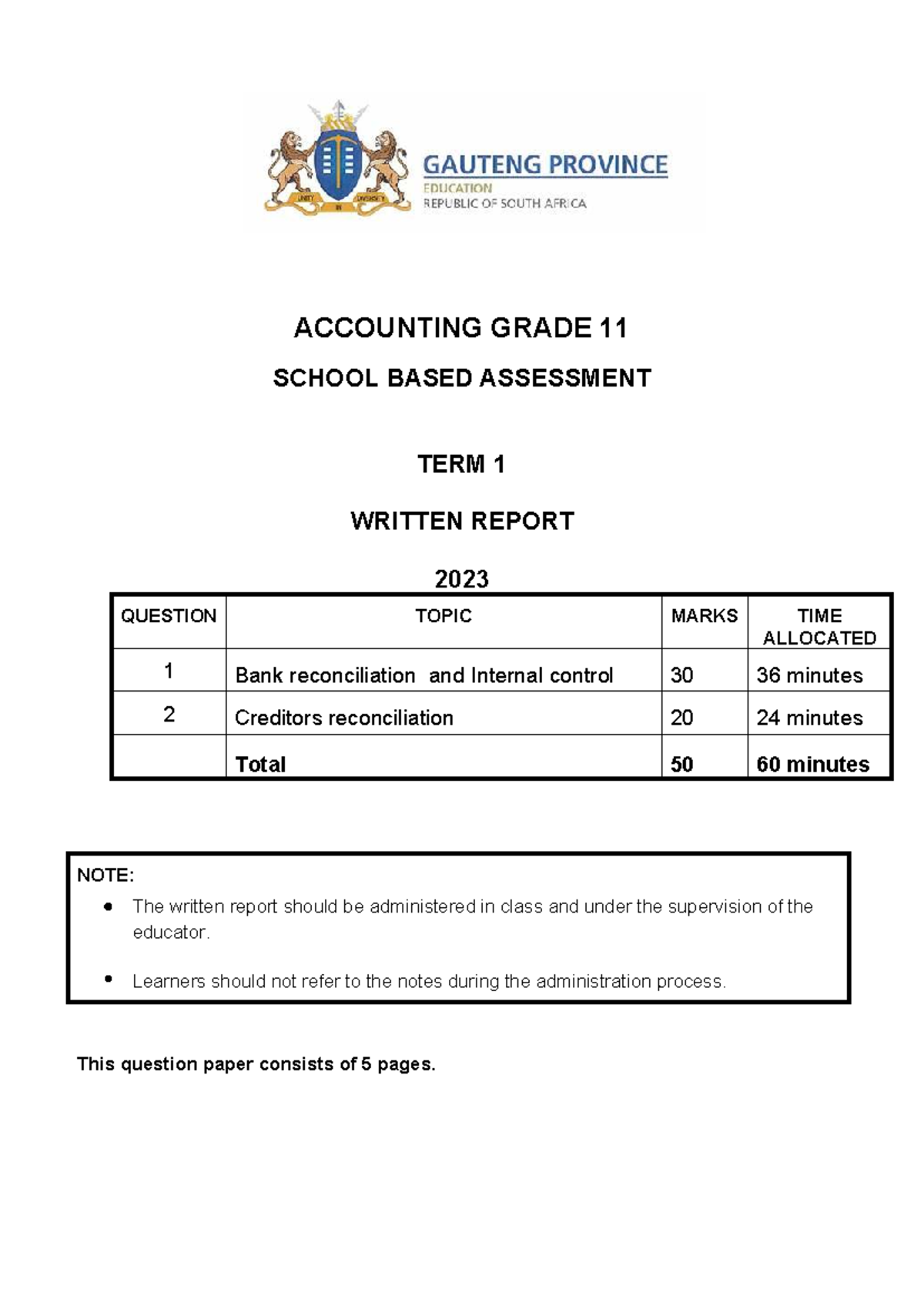 2023 Accounting Grade 11 Term 1 Assessment Report QP 031034 - Studocu