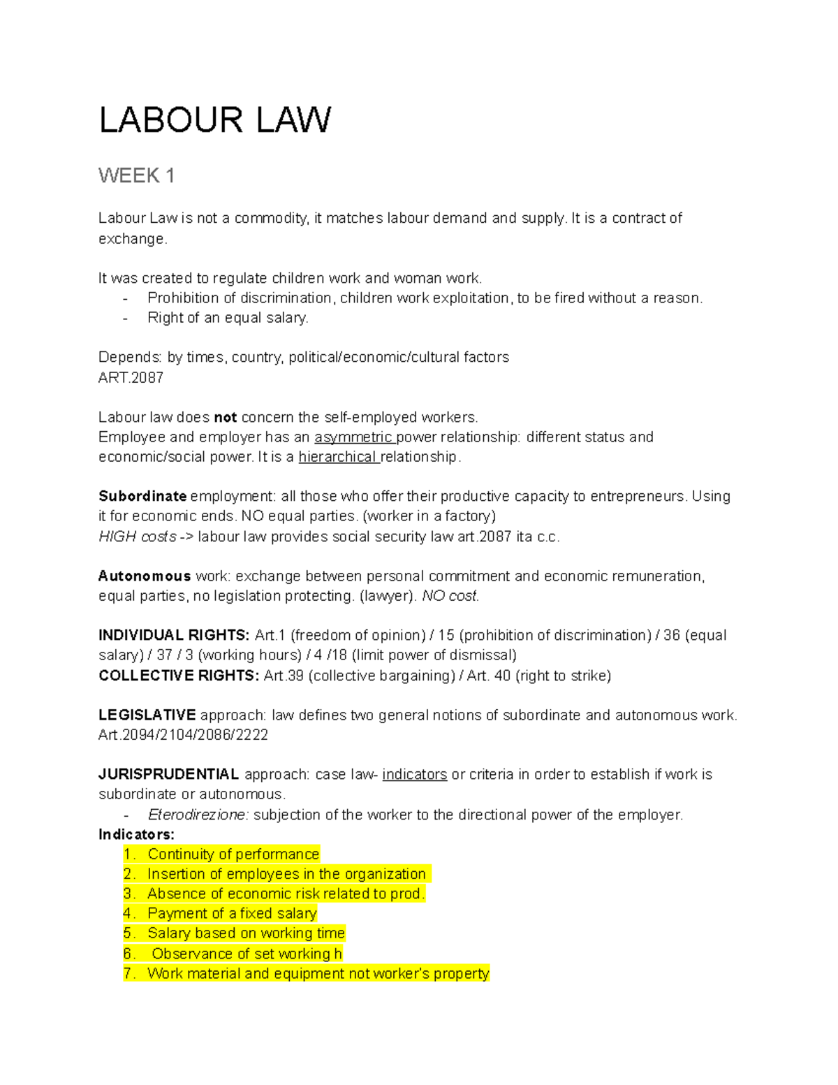 Labour Law Overview: Key Concepts and International Standards - Studocu