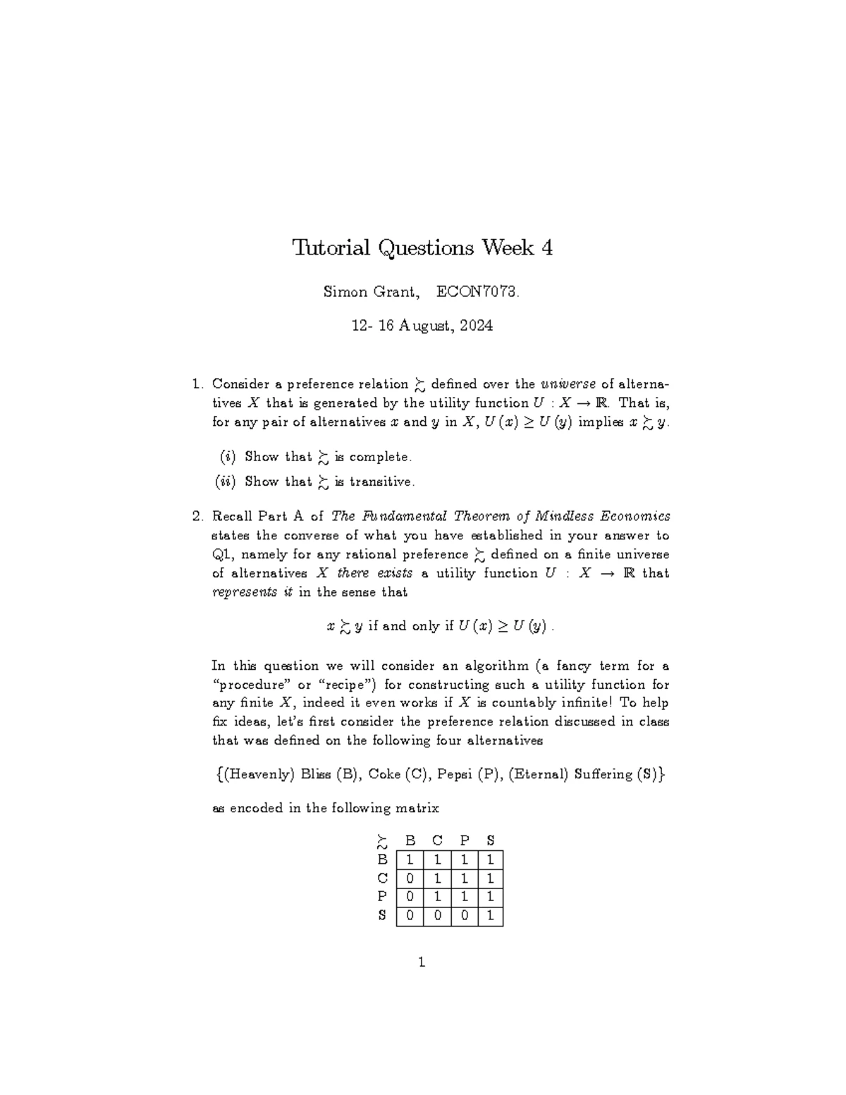 Tutorial week 4 - 1 Econ 7073: Microeconomic Analysis 2019 S Tutorial ...