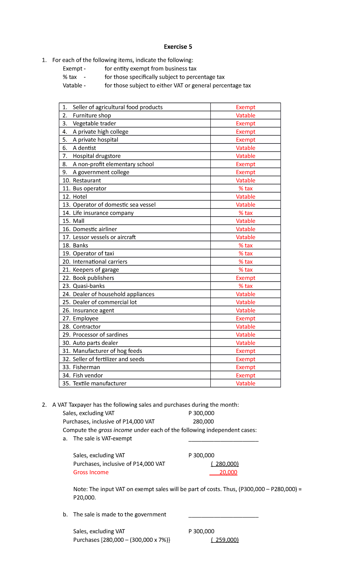 Exercise 5 VAT - Answer Key for BUSINESS TAXATION Course - Studocu