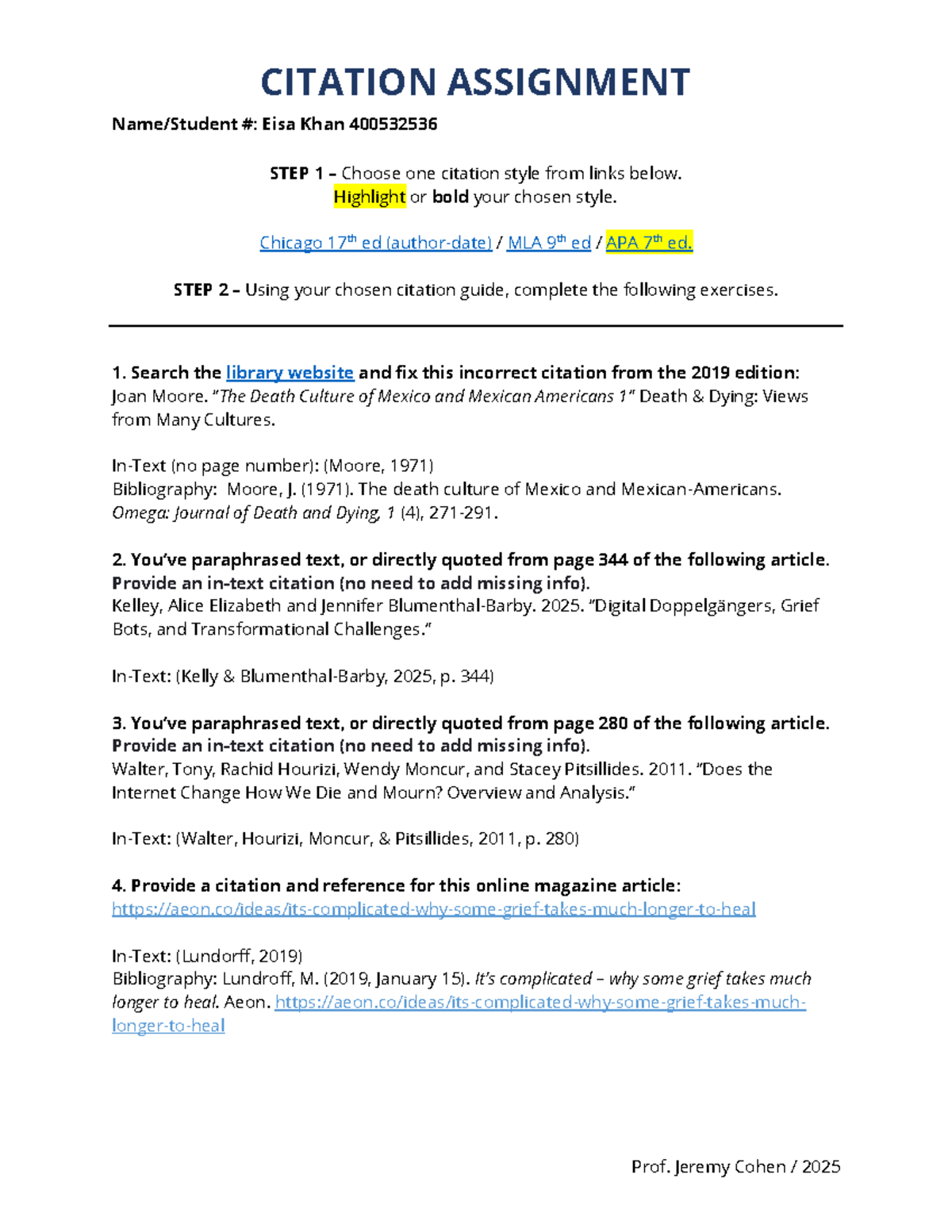 CITATION ASSIGNMENT 2N03: Style Selection & Exercises Guide - Studocu