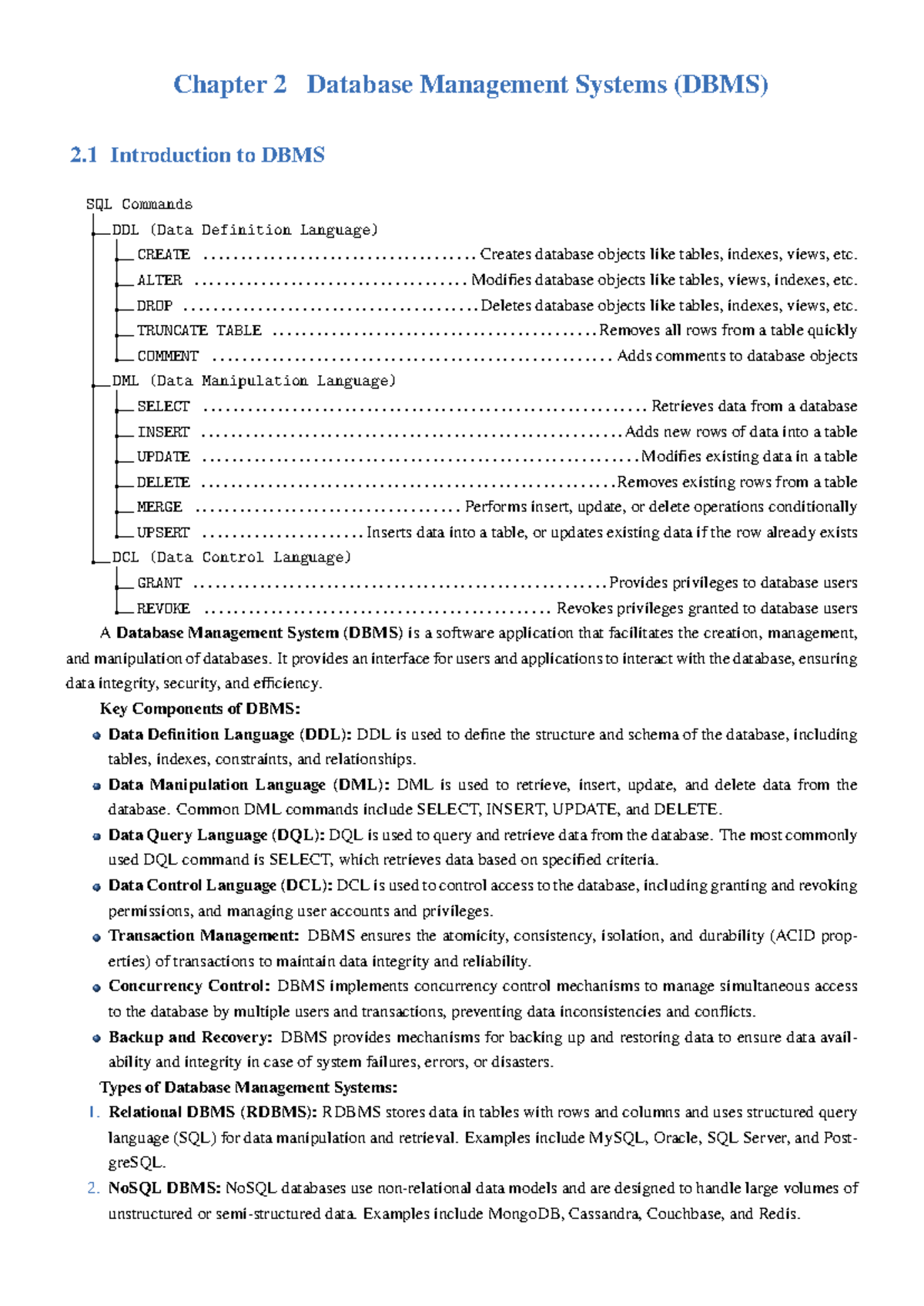 Chapter 2: Database Management Systems (DBMS) Overview and SQL Commands ...