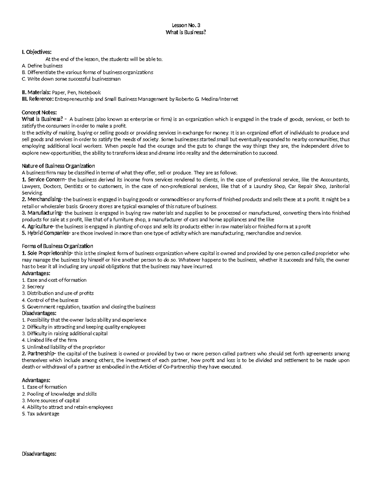 Grade 8 Lesson 3: Understanding Business Concepts and Organizations ...