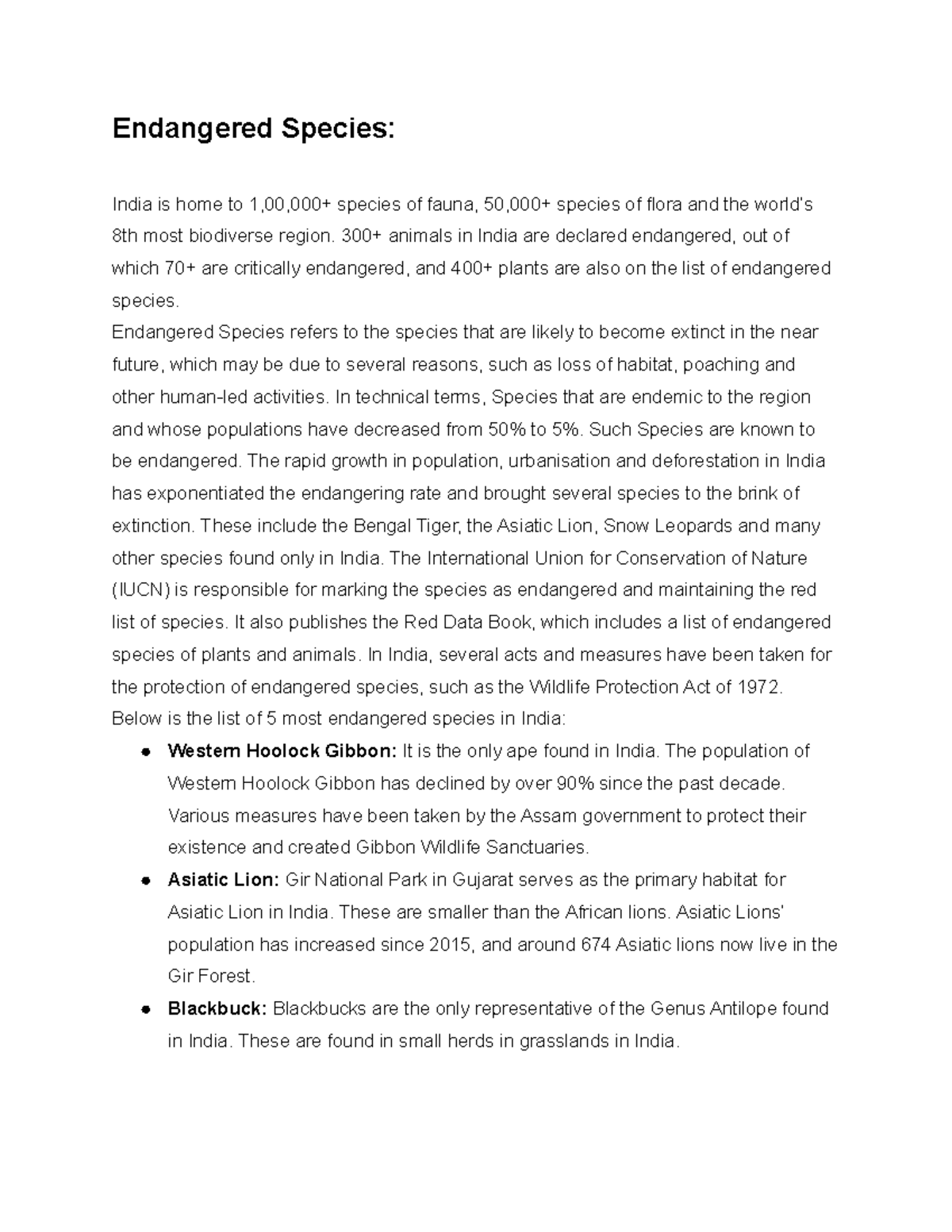 EVS Summary Assignment: Endangered Species & Conservation Efforts - Studocu
