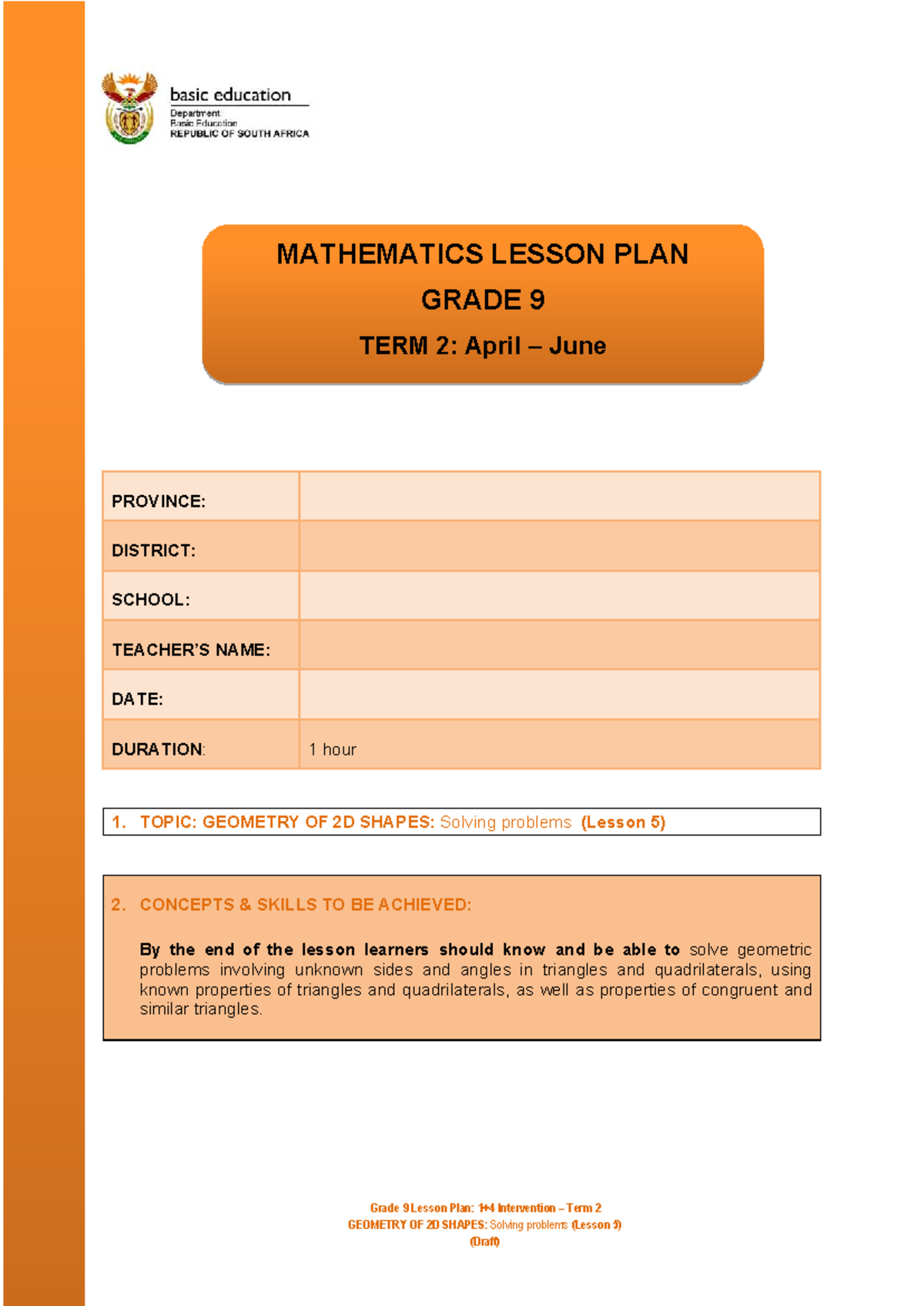 Grade 9 Mathematics Term 2 Lesson Plan: Geometry of 2D Shapes - Studocu