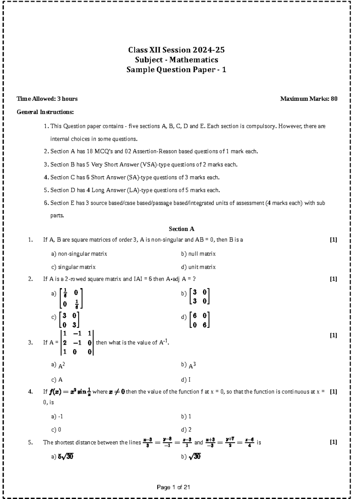 Class XII Mathematics Sample Question Paper 1 - 80 Marks, 3 Hours - Studocu