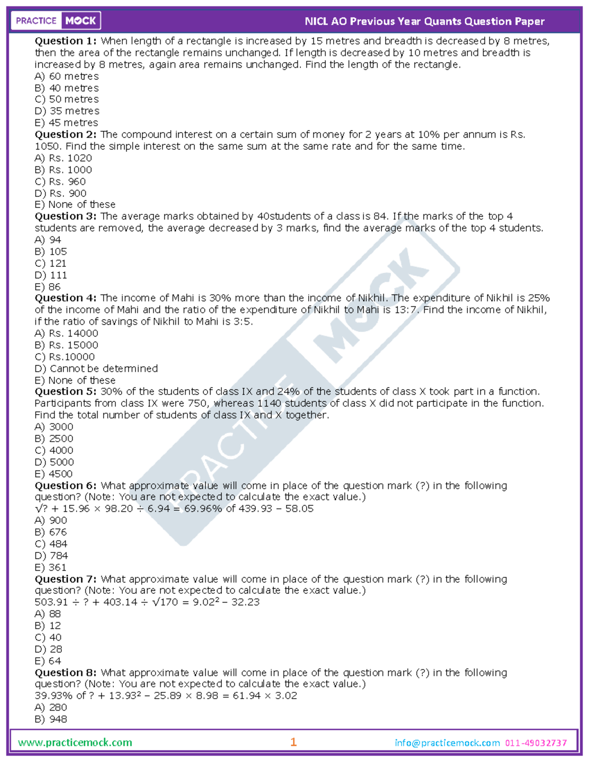 NICL AO Previous Year Quants Question Paper PDF - Studocu