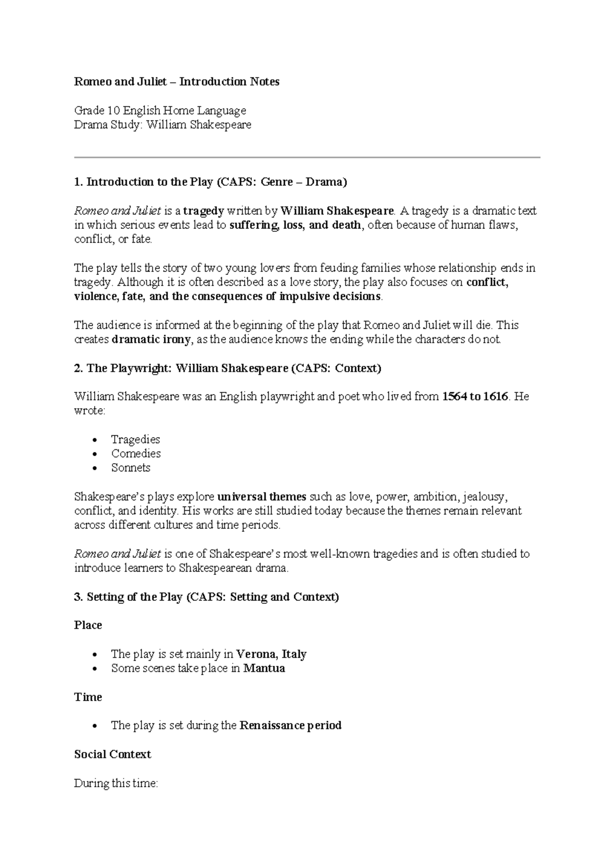Grade 10 English: Romeo and Juliet Intro Notes for Drama Study - Studocu