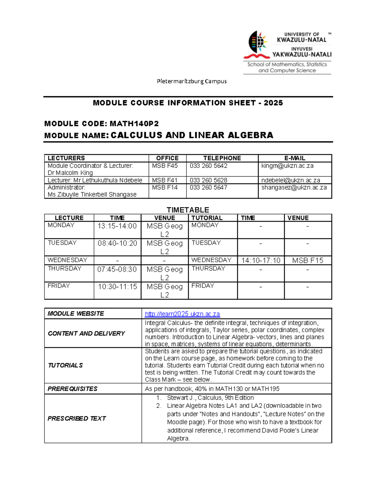 MATH140P2 2025 Course Outline: Calculus & Linear Algebra - Studocu