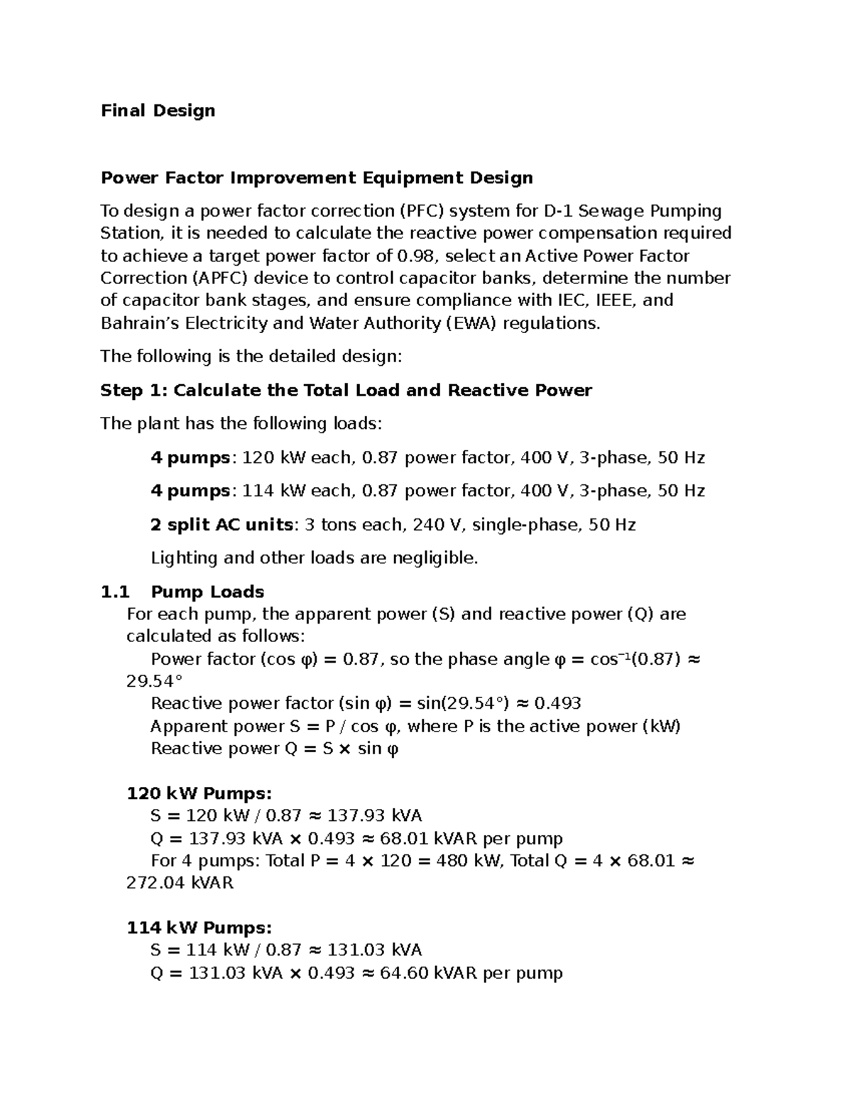 Final Design of Power Factor Improvement for D-1 Pumping Station - Studocu