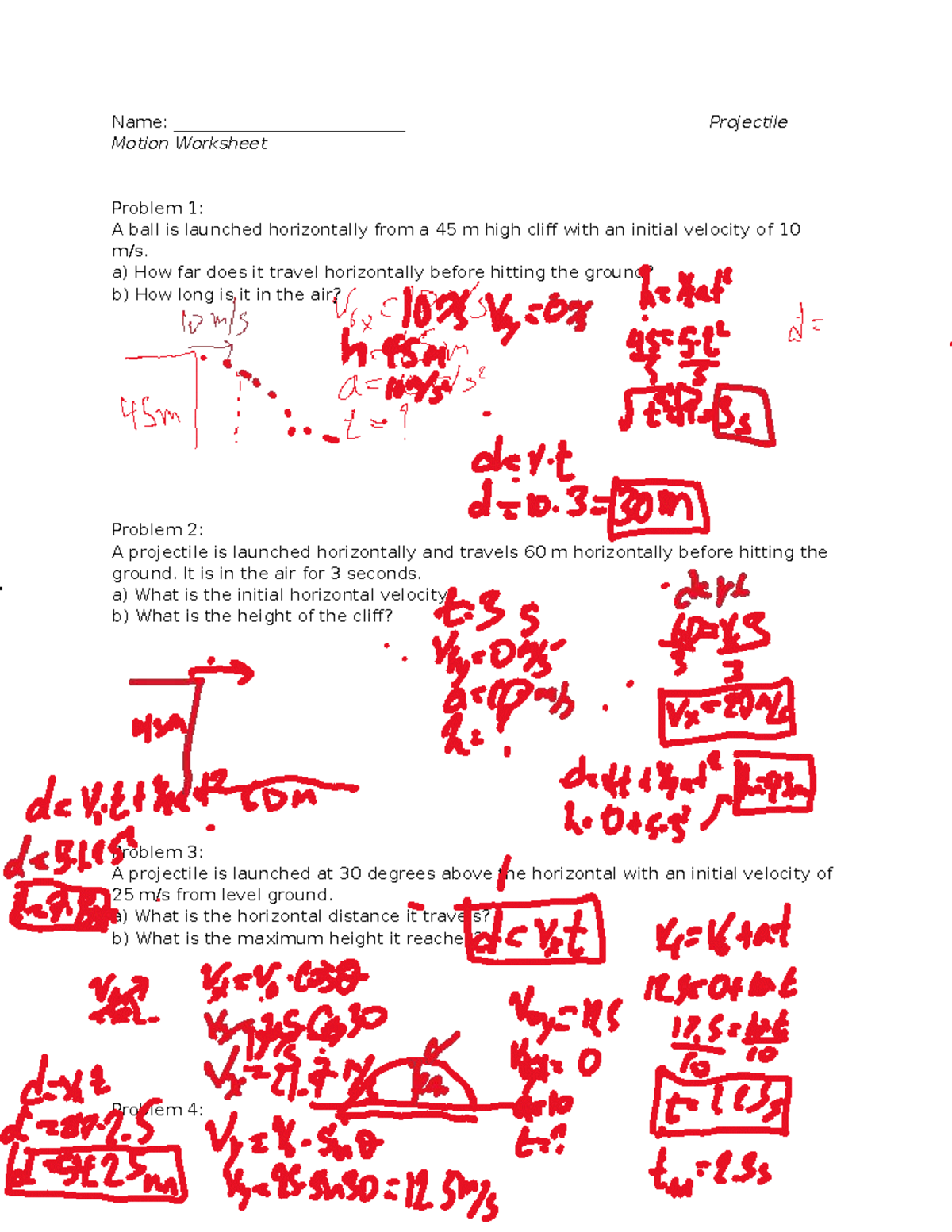 Projectile Motion Worksheet: Horizontal & Angled Launch Problems - Studocu