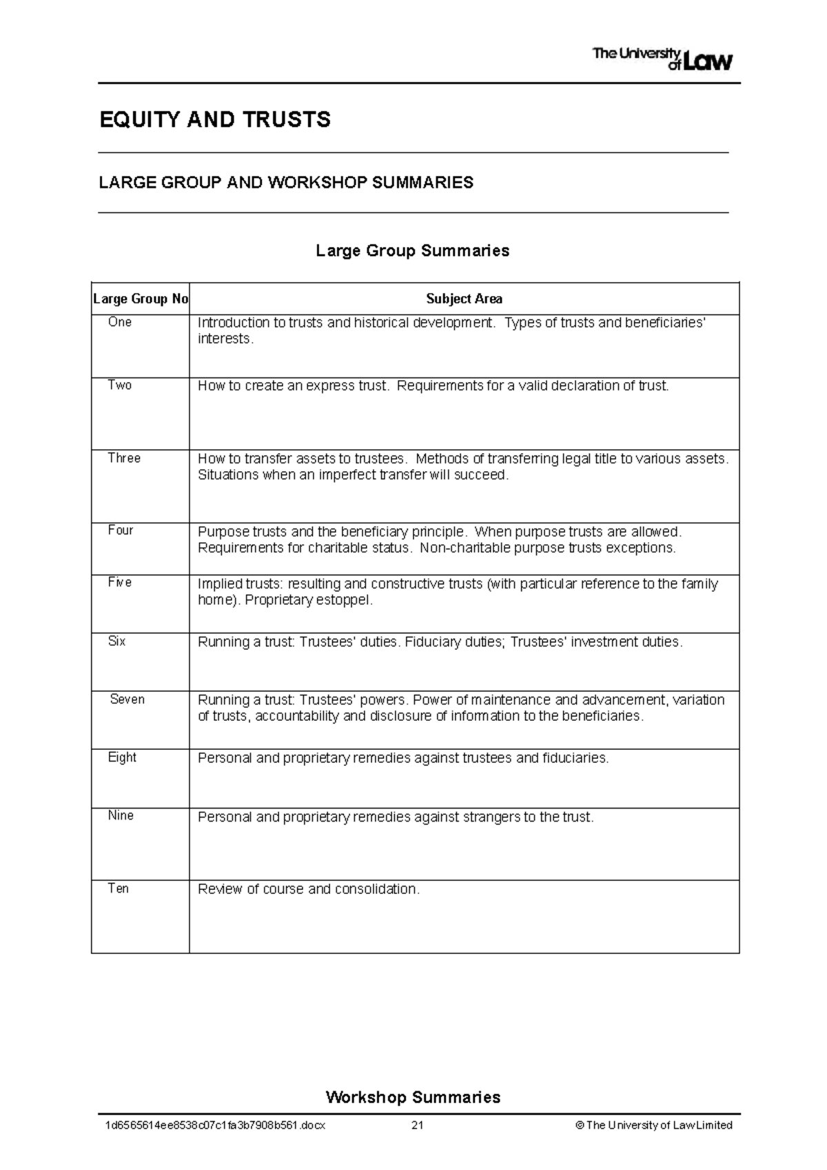 EQUITY AND TRUSTS (EQTR CE01) Large Group & Workshop Summaries - Studocu