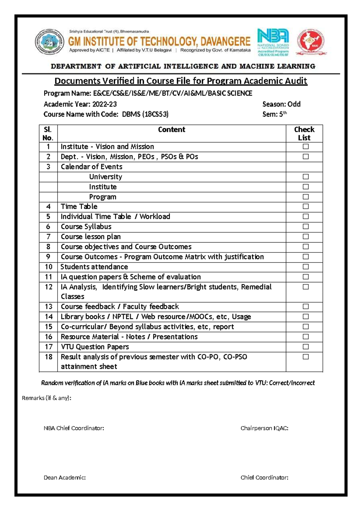 DBMS (18CS53) Academic Audit Course File Checklist for Odd Sem 5th ...