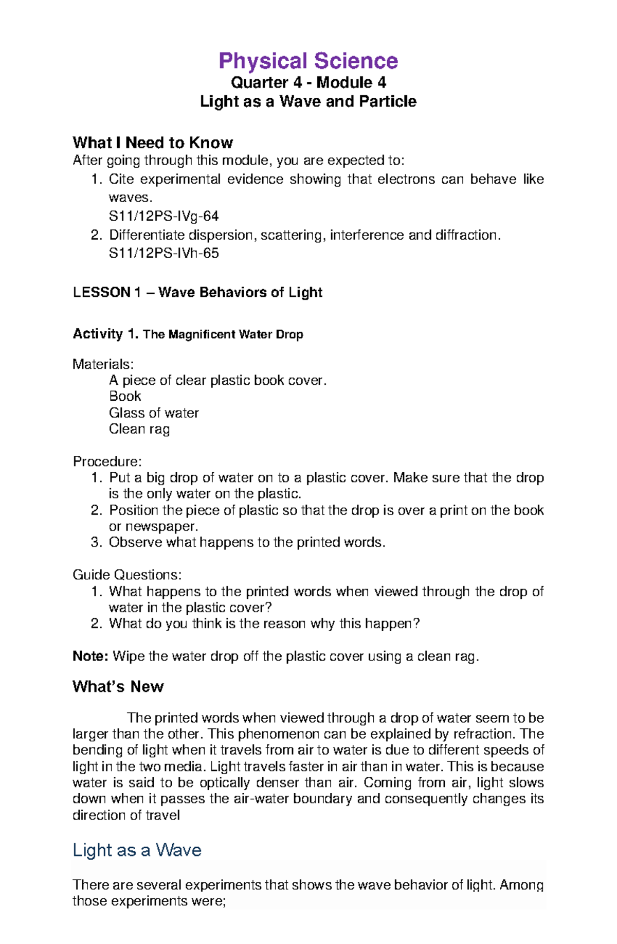 PS-Q4: Module 4 - Light as a Wave and Particle Overview - Studocu