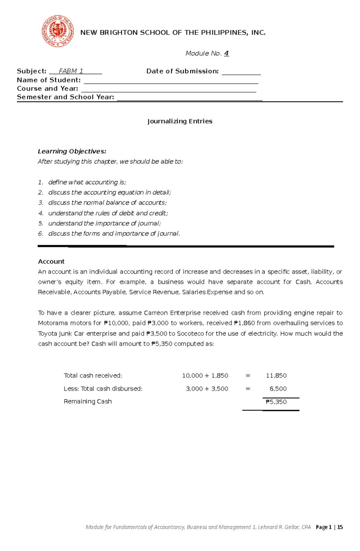 Module 4 FABM 1 Journalizing Entries and Accounting Principles - Studocu