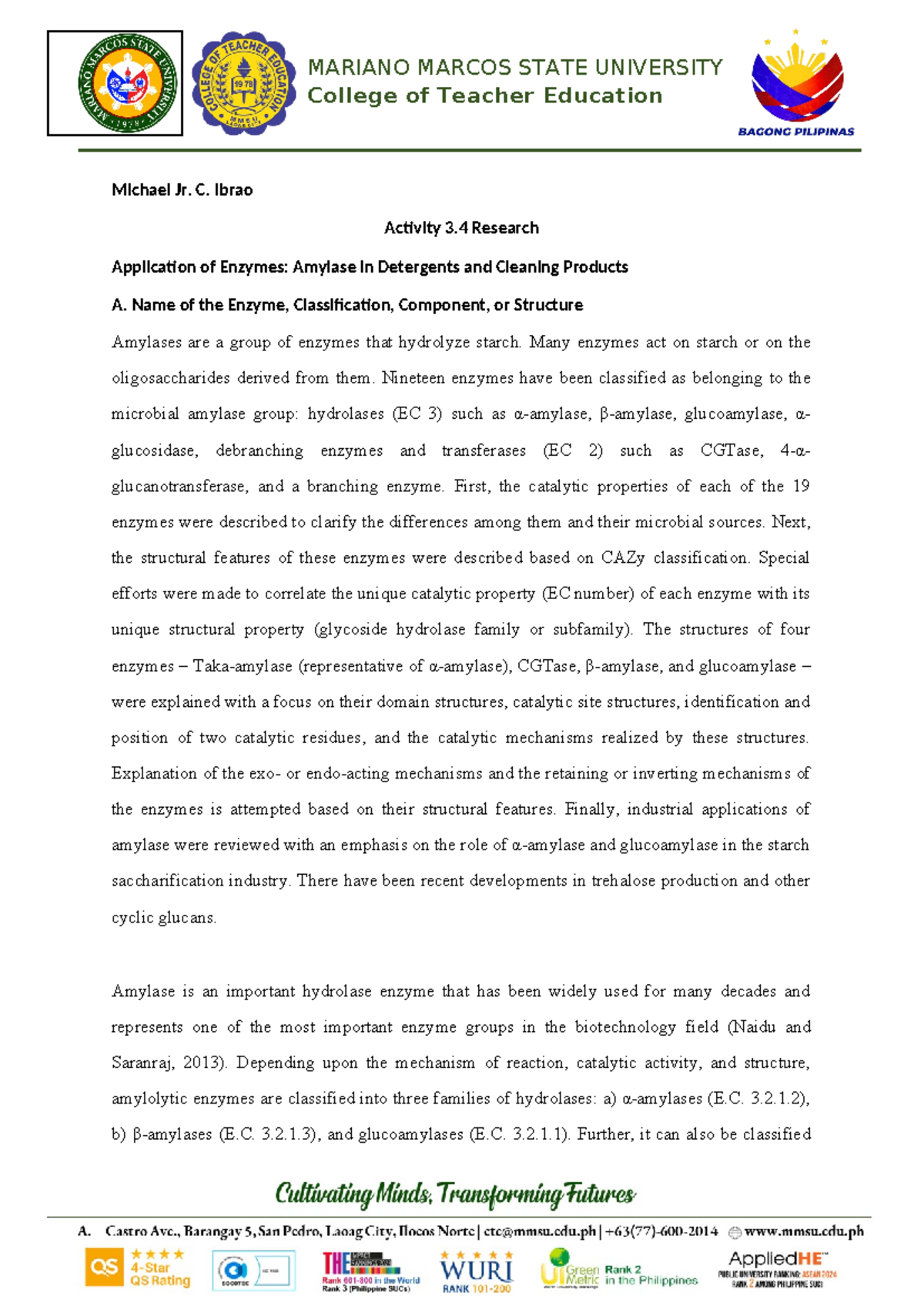 Ezyme-Classification, Name, Etc. - College of Teacher Education Michael ...