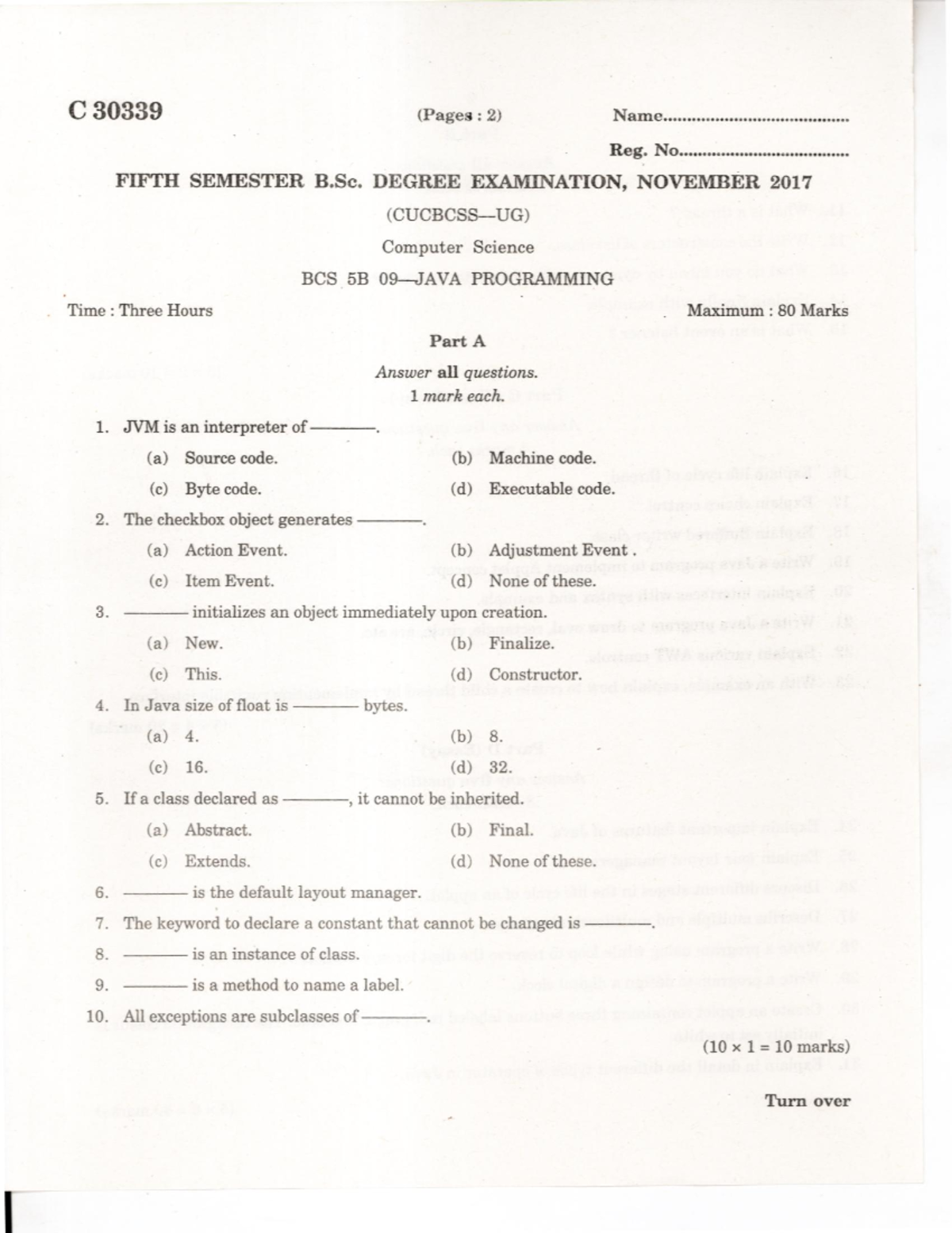 C 30339 BCS 5B Final Exam: Java Programming Questions 2017 - Studocu
