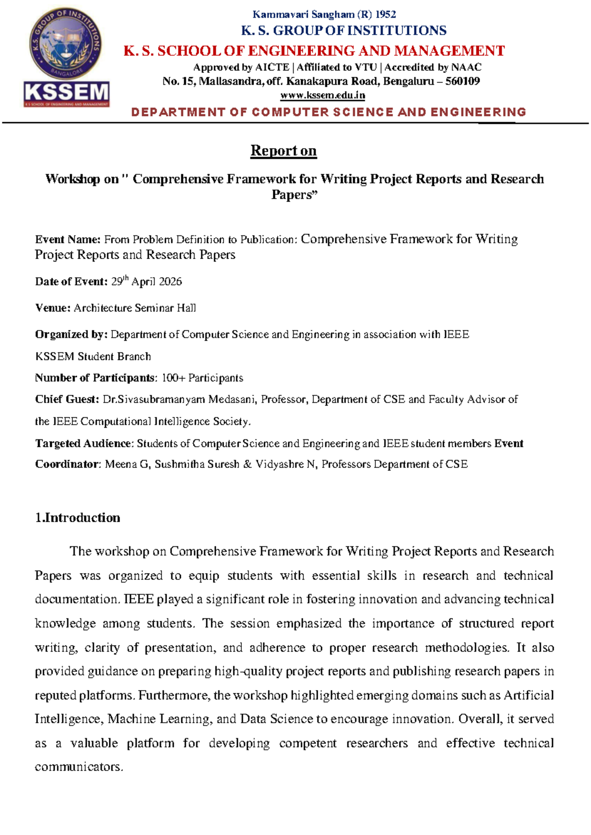 Workshop Report: Comprehensive Framework for Writing Project Reports ...