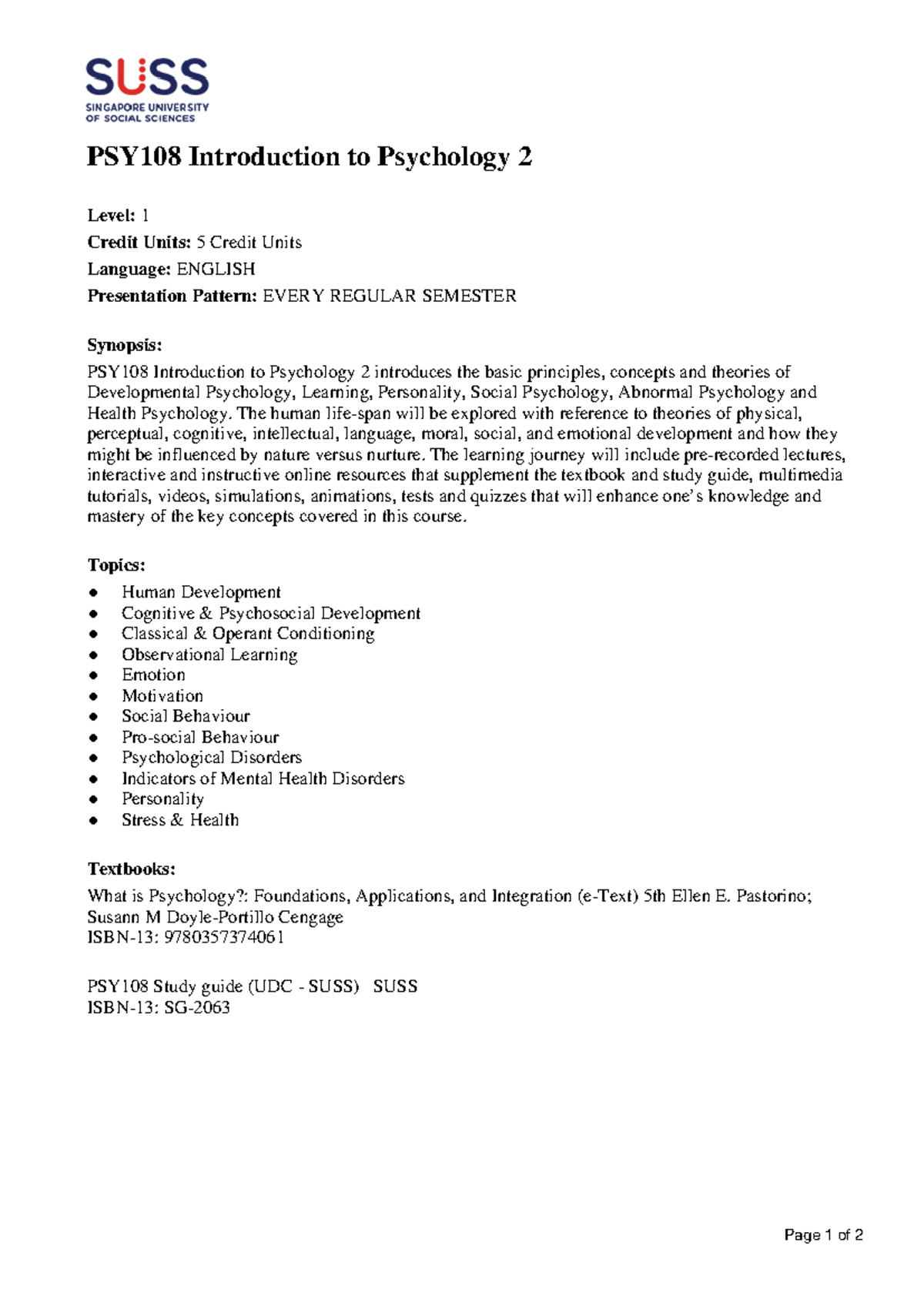 PSY108 Introduction to Psychology 2: Key Concepts and Theories - Studocu