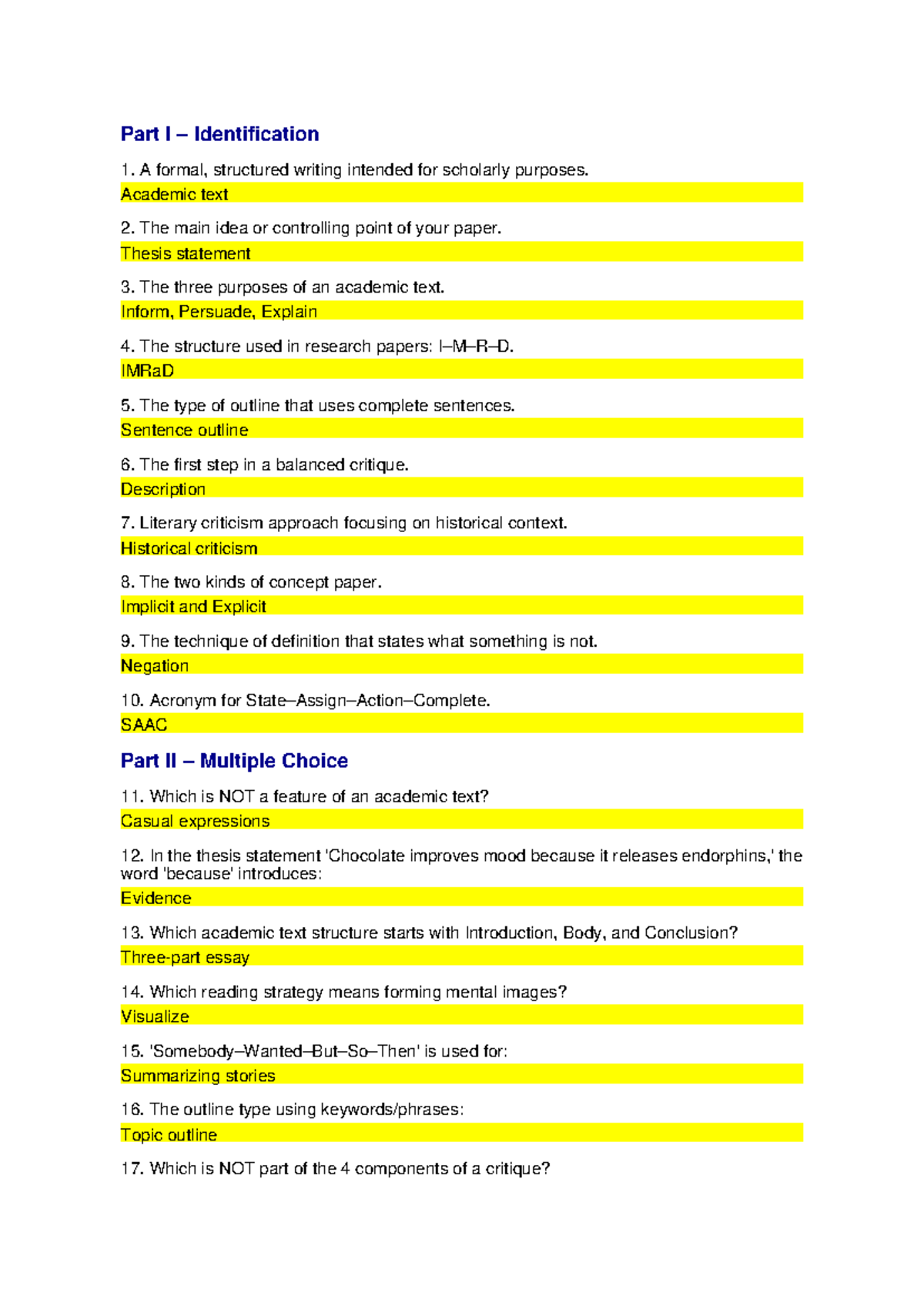 Quarterly Exam 70 Items Answer Key: Academic Texts & Critique Concepts ...