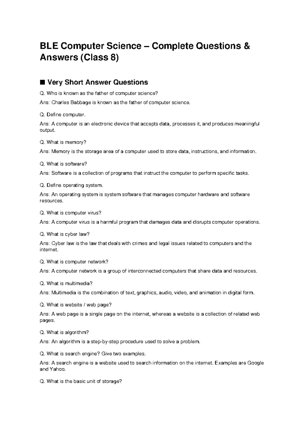 BLE Computer Science Q&A Guide for Class 8 Students - Studocu