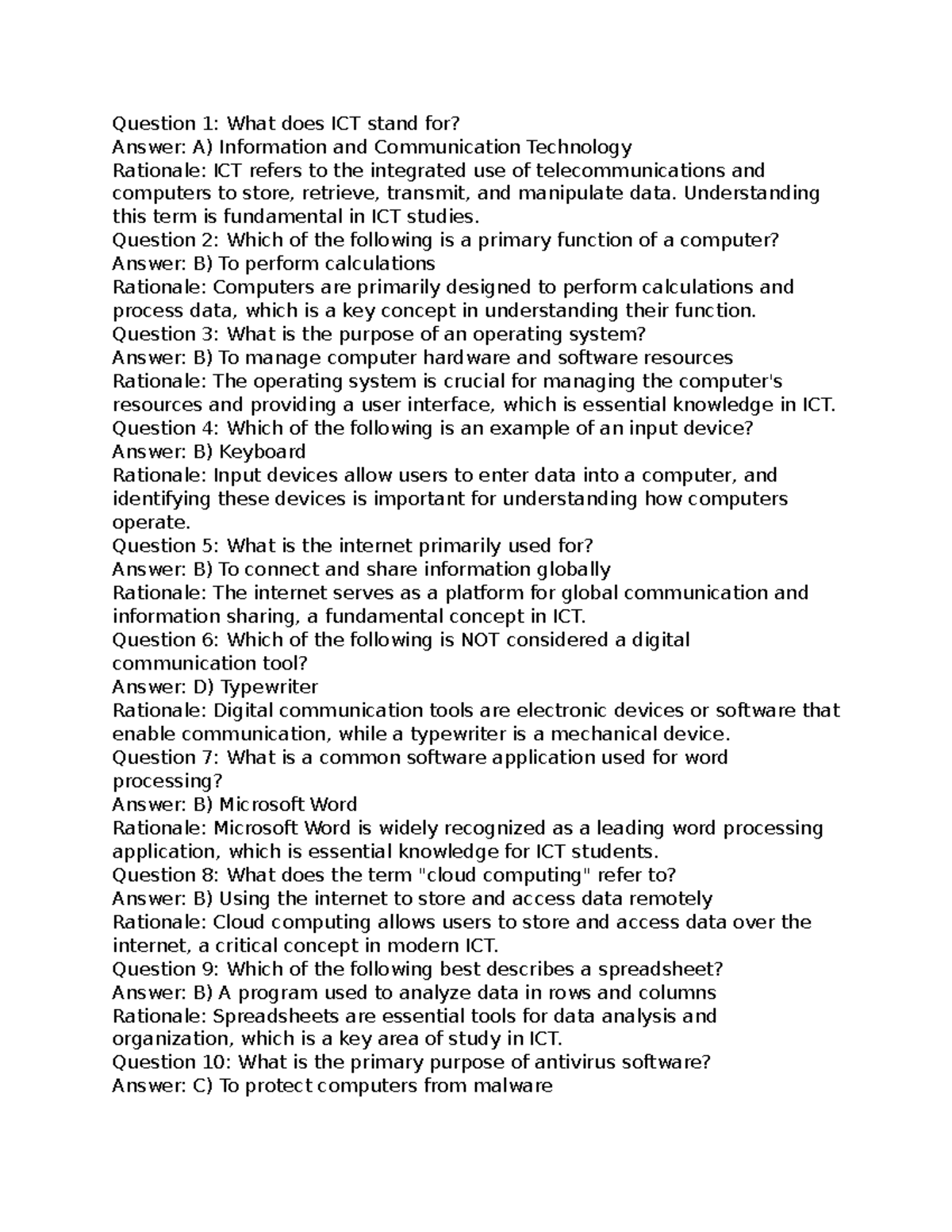 Grade 7 Final Answers - Question 1: What does ICT stand for? Answer: A ...