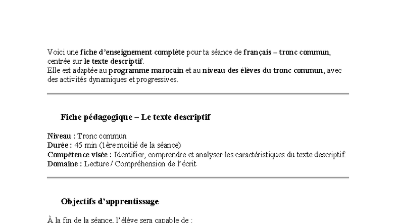Fiche Pédagogique : Texte Descriptif - Tronc Commun (TC) - Studocu