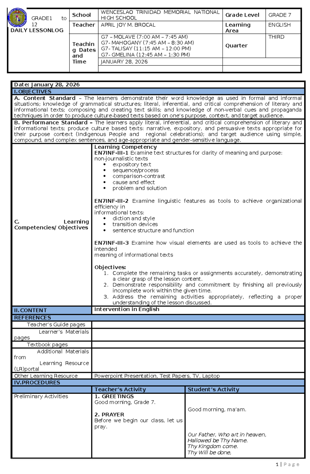 GRADE 7 ENGLISH Daily Lesson Log (Completion & Intervention) - Studocu